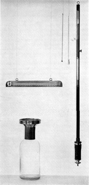 Figure 1.—A set of typical Smithsonian meteorological
instruments as recommended in instructions to observers issued by the
Institution in the 1850's. Top (from left): maximum-minimum
thermometer of Professor Phillips, dry-bulb and wet-bulb thermometers,
and mercurial barometer by Green of New York. Lower left: rain gauge.
The wet-bulb thermometer, although typical, is actually a later
instrument. The rain gauge is a replica. (Smithsonian photo 46740.)
