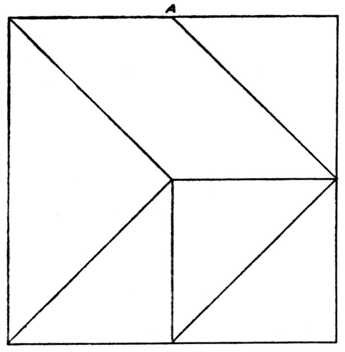 Fig. 397.—Six-piece Square Puzzle. (For
    Guidance in Setting Out, the Centre of
    Top Line is marked at A.)