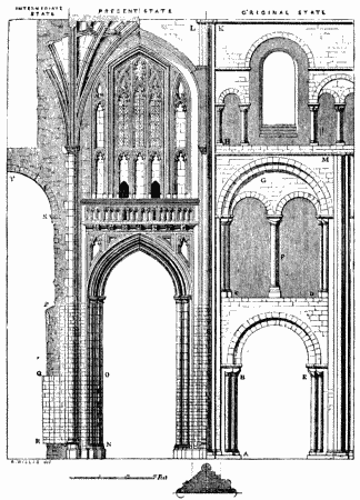 ELEVATION OF TWO BAYS OF THE NAVE, SHOWING ITS TRANSFORMATION.