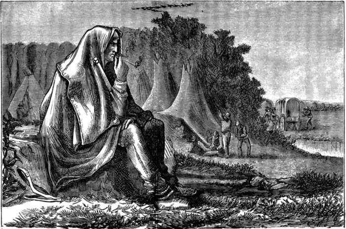 Indian pondering
invading wagon trains and hunters.