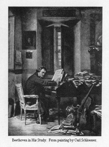 Beethoven in His Study.  From painting by Carl Schloesser.