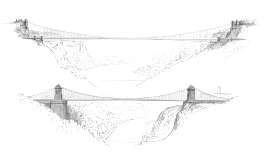 CLIFTON SUSPENSION BRIDGE.
Plate I.
Fig. 1.
Elevation of Drawing N 3 of Mr. Brunel's Designs in the first
competition. AD. 1829
Fig. 2.
H. Adlard So.
Elevation of the Bridge according to the Design on which the works were
commenced. AD. 1836.