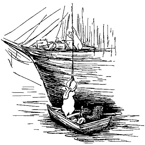 So
the cat took a hasty farewell of Robinson, pushed him over the ship's
side, and he slid down the rope into the boat.