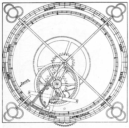 Astronomical Clock of de Dondi,
showing gearing on the dial for Mercury and
escapement crown wheel. Each of the seven side
walls of the structure shown in figure 1 was fitted
with a dial.