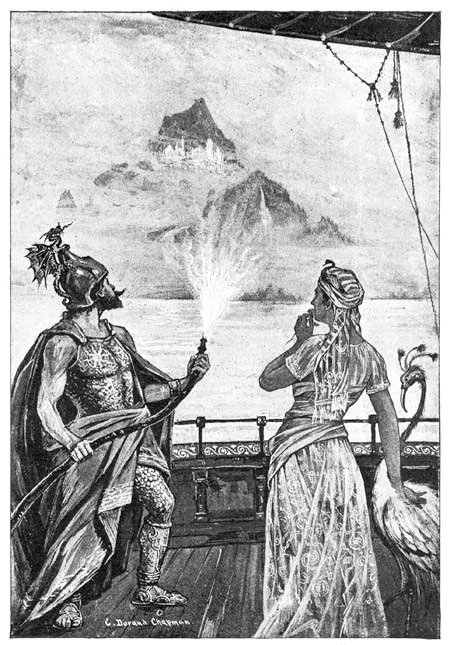 "BY VIRTUE OF THE SPIRIT POWER IN THIS CABLE," SAID THE
SORCERER, "I WILL THAT THE MAGICAL ISLAND OF ARJEELS SHALL RISE ABOVE
THE WAVES."