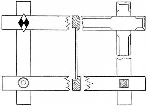 Fig. 61 (A).—Oxford Frame with Halved Joints.
(Four alternative corner treatments are given.)