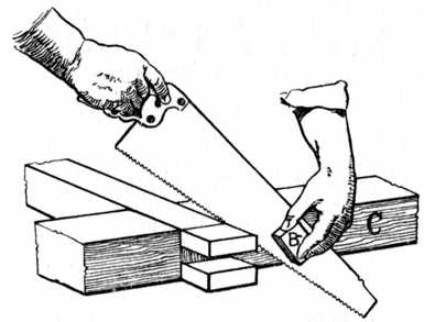 Fig. 92.—Sawing off Waste from Bridle Joint.
(See reference on page 39.)