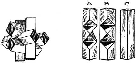 Fig. 395.—Diagonal Chinese Cross Puzzle. (Two Pieces
required of A, Three of B and One of C.)