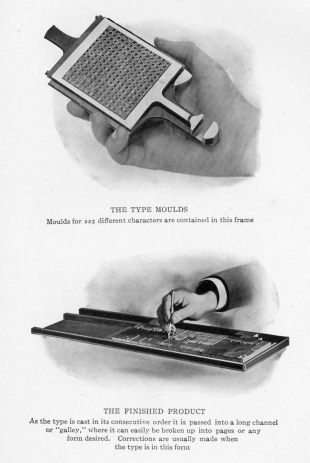 THE TYPE MOULDS
Moulds for 225 different characters are contained in this frame.