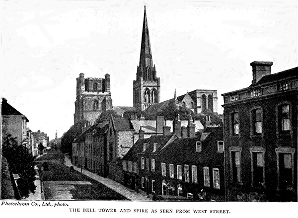 THE BELL TOWER AND SPIRE AS SEEN FROM WEST STREET.
Photochrom Co., Ltd., photo.