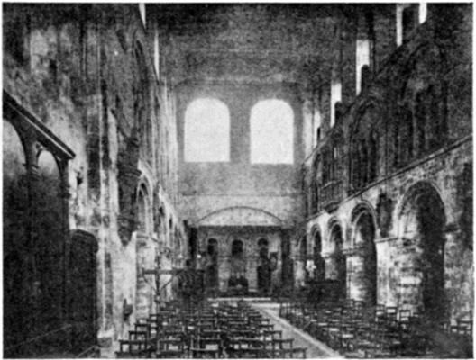 THE CHOIR BEFORE RESTORATION, SHOWING THE FACTORY FLOOR EXTENDING OVER THE APSE AND SUPPORTED BY TWO IRON COLUMNS
