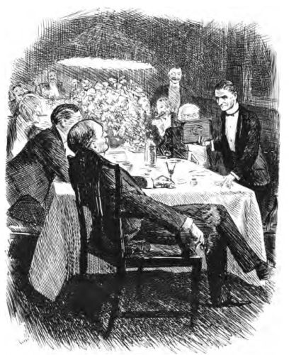 Men at dinner; one man standing and bowing slightly
