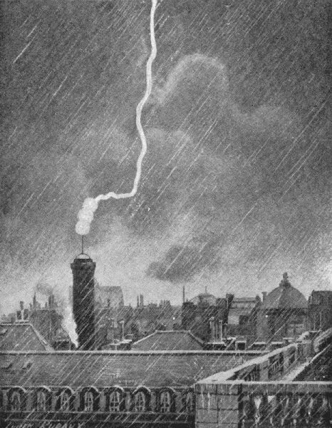 SINGULAR CASE OF THREE FIREBALLS OBSERVED IN PARIS
ON JUNE 10, 1905, BY M. H. RUDAUX.

They were seen to descend in this way upon the
lightning conductor above the Palais Royal electric-power
station. This engraving, after a sketch made at
the time by M. Rudaux, appeared in La Science Illustre,
for August, 1905.