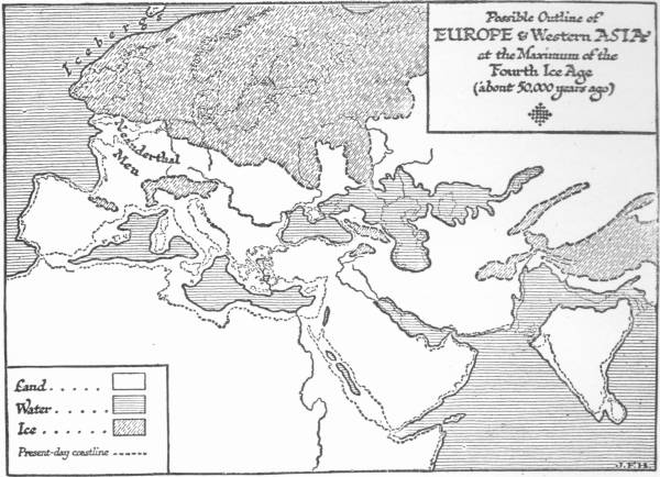 Map: Possible Outline of Europe and Western Asia at the Maximum
 of the Fourth Ice Age (about 50,000 years ago)