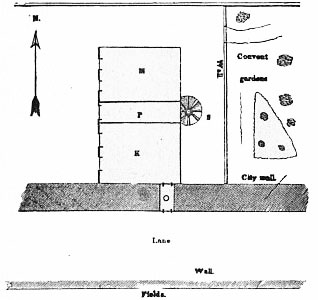 M. Mary's room, below Darnley's. K. Kitchen; servants'
room above. O. Passage through the city wall into the kitchen. S.
Stair-case leading to the second story. P. Passage-way.